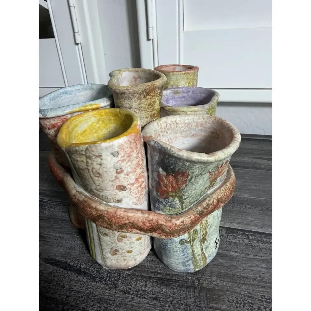 Handmade Studio Pottery Multi Vase Cluster Bud Vase Holder‎ Rustic Art Decor